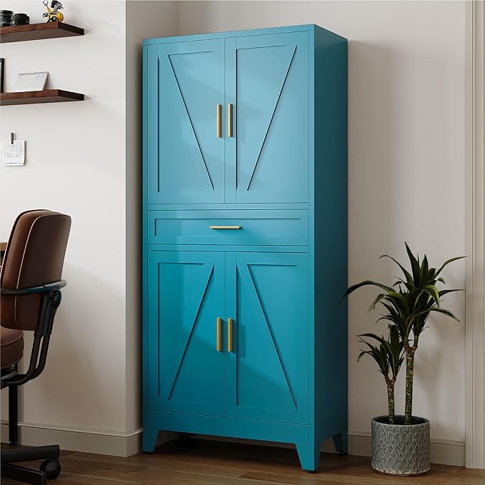 71 "Farmhouse Metal Filing Cabinet with a Drawer and 4 Adjustable Shelves, with 4 Large barn Door White Kitchen Cabinets, Metal Food Cabinets for Home, Kitchen, Dining/Living Room (Peacock Blue)-Ruum Studio Home