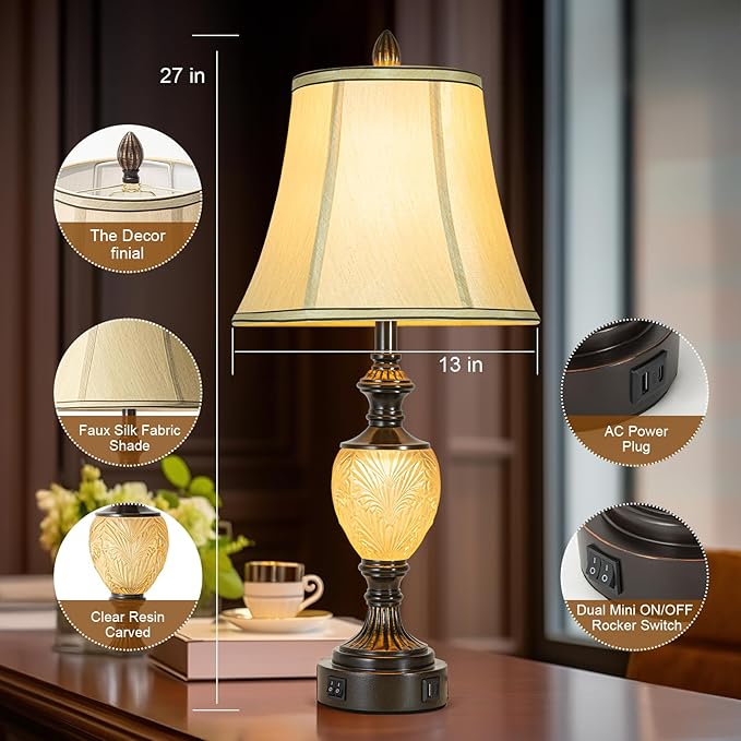 27'' High Vintage Table Lamp Set of 2 for Living Room Farmhouse Bedside Lamp with Fabric Shades Boho Nightstand Lamp with USB and Nightlight for Bedroom Home Office Hotel Bar (Bulb Included)-Ruum Studio Home