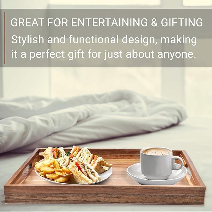 Acacia Wood Serving Tray with Handles - 17-Inch Large Wooden Tray for Ottoman - Perfect for Breakfast, Lunch, Dinner, Appetizers, Patio, Ottoman, Coffee Table,BBQ, Party – Great for Lap &Couch ﻿-Ruum Studio Home