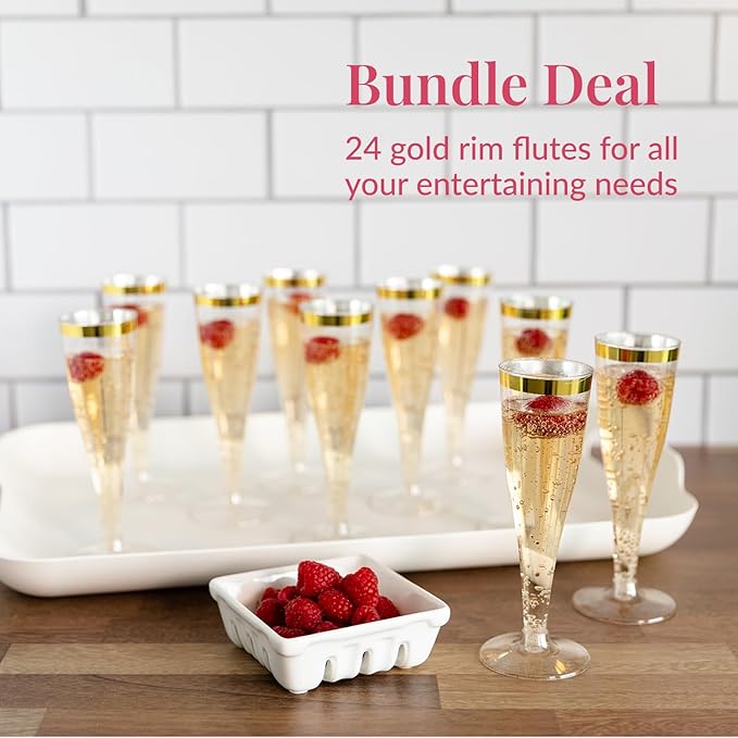 Prestee Set of 24 Plastic Champagne Flutes with Gold Rim - 4.5 oz - Shatterproof Disposable Glasses for Weddings, Cocktail Parties, and Outdoor Celebrations-Ruum Studio Home
