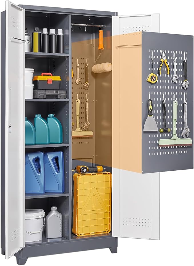 Garage Storage Cabinet,Broom Closet with Lock,Locking Cabinets with Hanging Rod & S-Hooks for School,Garage,Grey-White-Ruum Studio Home