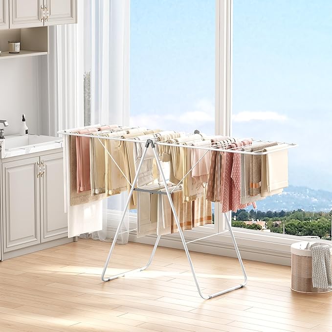 APEXCHASER Clothes Drying Rack, Oversized Drying Rack Clothing with Height-Adjustable, Foldable Gullwings Metal Laundry Rack, Indoor Outdoor Use, No Assembly, White-Ruum Studio Home