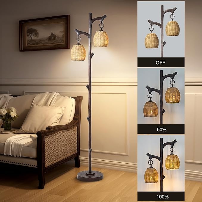 68" High Farmhouse Rustic Country Cottage Floor Lamp Tree Trunk Faux Wood Column Dark Bronze Wicker Drum Shade Decor for Living Room Bedroom Reading Room-Ruum Studio Home