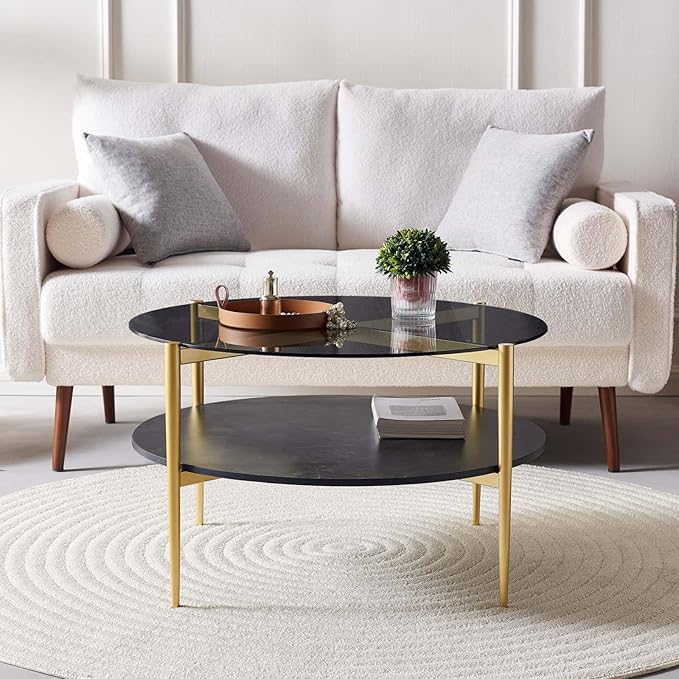 Round Coffee Table for Living Room, Mid-Century Modern Design, D30 x H17, 2-Tier Structure, Grey Glass Top and Black Marble Finish Wood Shelf, Sleek Conical Metal Legs with Gold Finish Frame-Ruum Studio Home