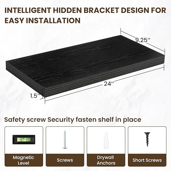 24 Inch Floating Shelves, 24"x9.25"x1.5" Inch Deep Floating Shelves for Wall, Wooden Shelves for Bathroom, Bedroom, Living Room, Black-Ruum Studio Home
