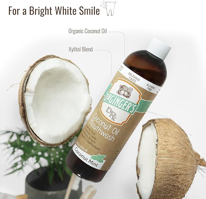 Dr. Ginger’s Coconut Oil Pulling Alcohol Free Mouthwash - Mint Flavor, 14 fl oz Support Gum Health, Tongue, and Teeth Whitening for Adults, Fluoride Free, All-Natural Oil and Xylitol for Bad Breath-Ruum Studio Home