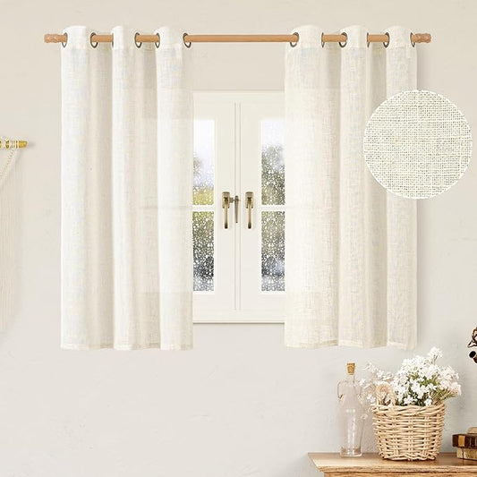 LAMIT 48 Inch Length Semi Sheer Linen Curtains 2 Panels, Cream Ivory Light Filtering Panels Bronze Grommet Boho Neutral Drapes for Kitchen/Short Windows/Cafe, Cream Ivory, 34 x 48 Inch-Ruum Studio Home