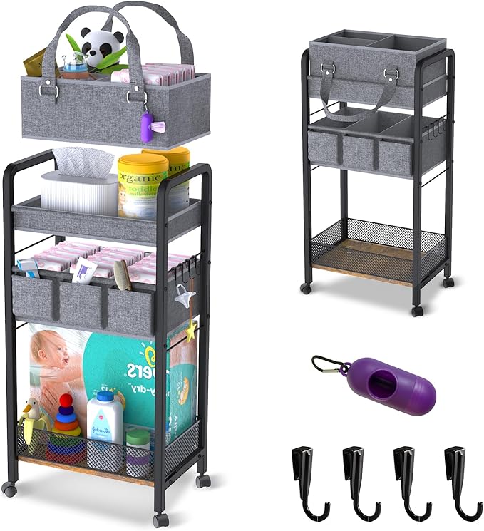 2IN1 Baby Diaper Caddy Organizer-3 Tier Rolling Storage Cart with Dividers - Bedside Diaper Caddy Cart for Baby Nursery Newborn Essentials-Mobile Utility Carts with Wheels for Changing Table-Ruum Studio Home