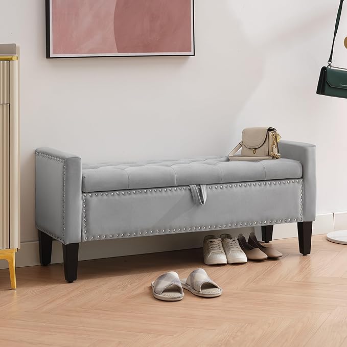 Storage Ottoman Bench, Velvet Upholstered Footstool for Bedroom and Living Room, Tufted Seat with Storage, Wooden Legs & Metal Rivets, Grey-Ruum Studio Home