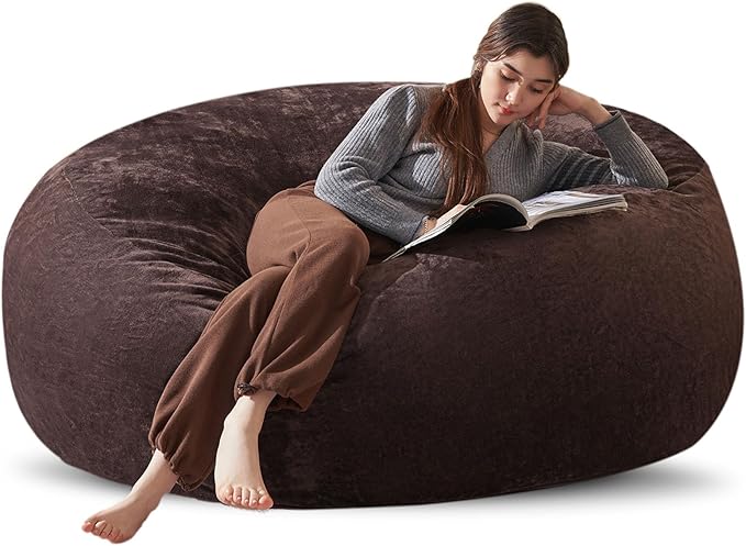 Bean Bag Chair 6Ft, Memory Foam Filled, Large Beanbag Chairs for Adults and Teens, Soft Sofa with Removable Flannel Cover, Round Couch for Living Room Bedroom College Dorm (Brown, 6FT-67×67"×24")-Ruum Studio Home
