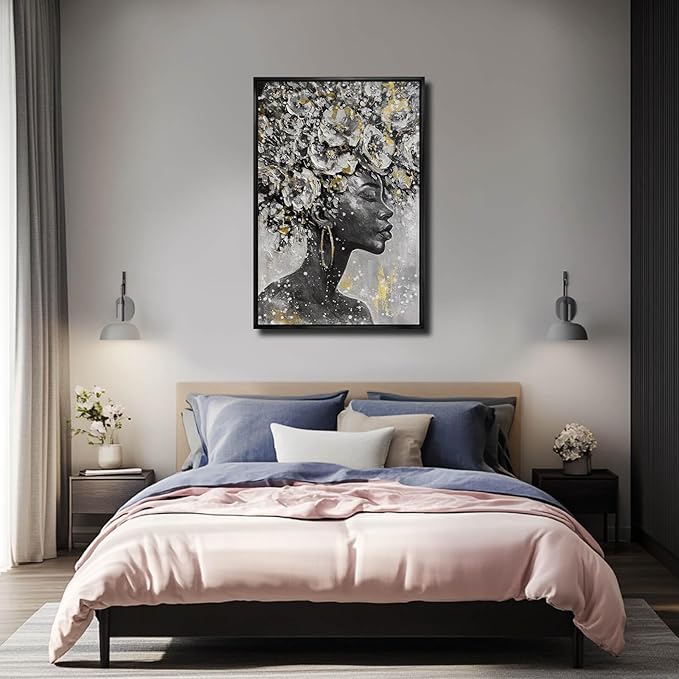 MLART99 Gold African American Wall Art Black Woman Wall Decor with Frame Vertical Floral Canvas Painting Modern Print Bedroom Living Room Decor 24x36 Inch-Ruum Studio Home