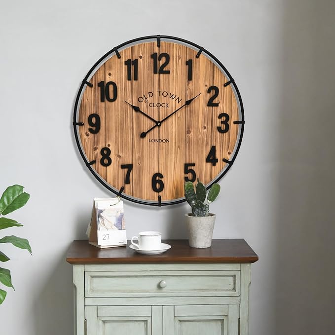 Large Old Town Farmhouse Wall Clock 20 Inches - Rustic Antique Wood with Metal Circle and Large Numerals Silent Battery Operated Wall Clock for Office Kitchen Bedroom Living Room-Ruum Studio Home