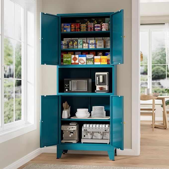 69" Tall Kitchen Pantry Cabinet, Metal Storage Cabinet with 4 Doors and Adjustbale Shelves, Freestanding Cupboards for Dining Room, Living Room, Bathroom-Ruum Studio Home