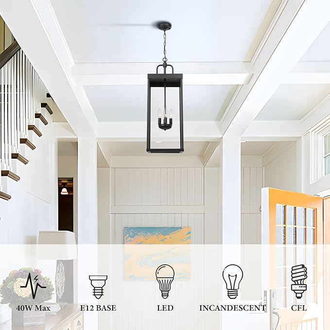 Large Outdoor Pendant Lantern Light Fixture for Front Porch, 28 Inch 4-Light Black Exterior Hanging Chandelier with Clear Glass, Outdoor Indoor Pendant Lamp for Patio, Gazebo, Entryway, Doorway-Ruum Studio Home