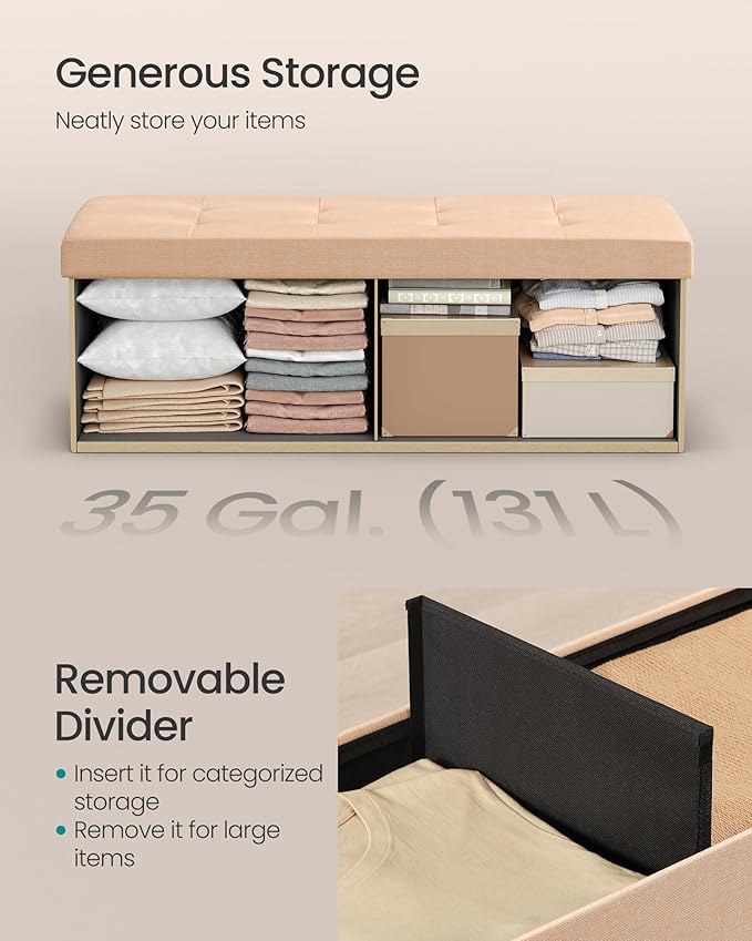 SONGMICS Mazie Collection - Storage Ottoman Bench, 43 Inches Folding Foot Rest Stool, End of Bed Bench, Easy Assembly, for Living Room, Bedroom, Entryway, Apricot Orange ULSF077O01-Ruum Studio Home