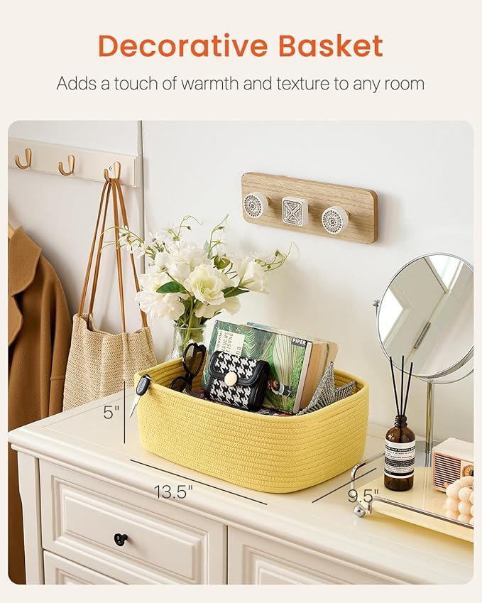KALLAX Small Woven Basket, 13.5 x 9.5 x 5 Inches, Storage Basket for Organizing, Cute Small Rope Shelf Closet Cube Storage Bins Baskets for Shelves, Dog Toy Gift Baskets Empty, 3 Pack Yellow-Ruum Studio Home