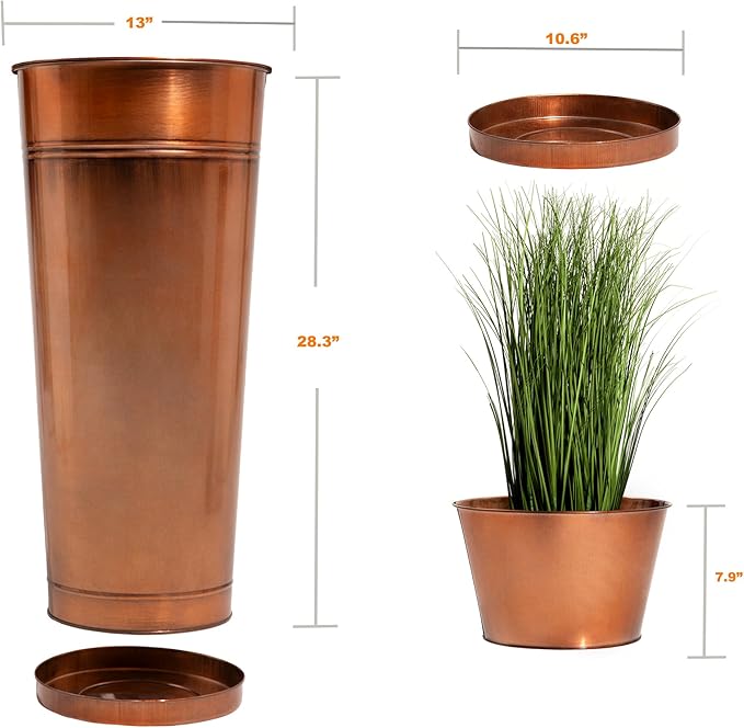 28in Tall Antique Copper Metal Vintage Planter Set of 2,Galvanized Steel Planter Pots for porches/Indoor/Outdoor/terraces Patio- Copper Color(2planters,2inner pots with Holes, 2trays)-Ruum Studio Home
