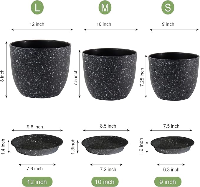 Large Flower Pots 12/10/9 inch, Set of 3 Modern Decorative Plastic Planters with Drainage Holes and Saucers for Garden House Plants, Plant Pots for Indoor Outdoor Plants, Speckled White-Ruum Studio Home
