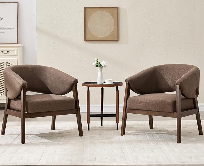 Mid-Century Modern Accent Chairs Set of 2, Comfy Barrel Armchairs with Wide Seat, Upholstered Lounge Chairs with Walnut Wood Legs for Living Room/Bedroom/Reading Corner, Linen Fabric, Brown-Ruum Studio Home