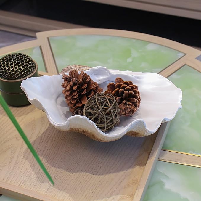 Large EarthTan-White Sea Shells Decorative Bowl Resin Clam Shell Bowl Beach Decorations for Home Coastal Beach Decor Decoration Storage Bowls & Home Office Nautical Themed Party Decor -10.2"-1PC-Ruum Studio Home