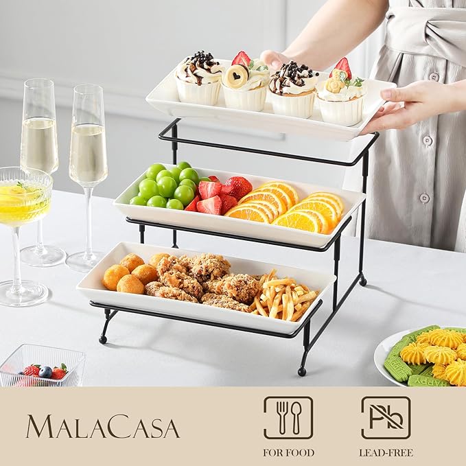 MALACASA 3 Tier Serving Trays for Party, Porcelain Serving Platters and Trays, 12 Inch Tiered Tray Stand, Fruit Tray, Trays for Serving Food, White Dessert Stand with Collapsible Sturdier Metal Rack-Ruum Studio Home