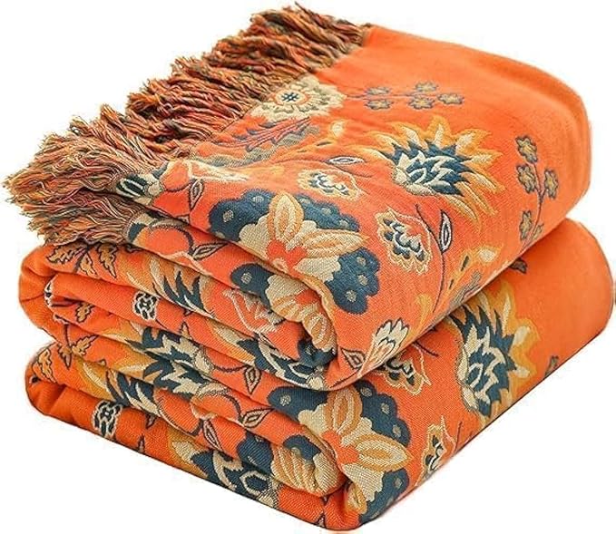 Throw Blanket for Couch Bed Chair,100% Cotton Soft Lightweight Blanket Rustic Quilt -Orange Floral Printed Farmhouse Decor Bed All Season Blankets,80"×90"-Ruum Studio Home