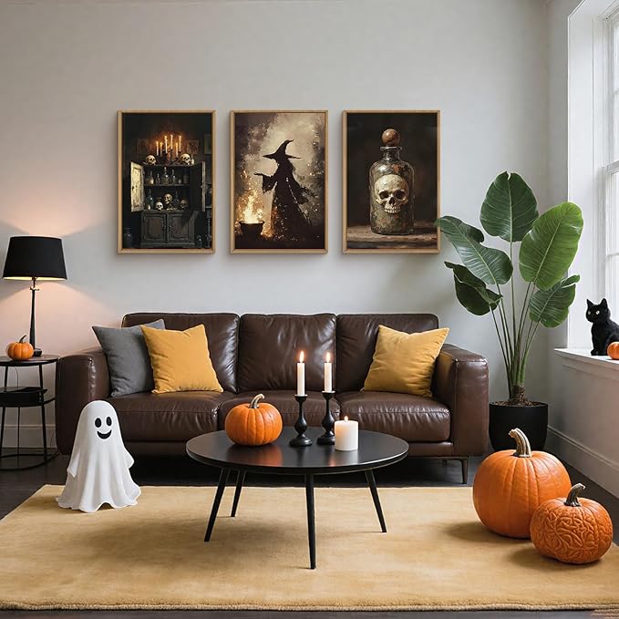 HPNIUB Halloween Witch Framed Canvas Wall Art Set, Terrifying Skeleton Poster Artwork, Vintage Halloween Wall Decor, Dark Academia Gothic Pictures for Bedroom Living Room Bathroom Party-16 x24 x3-Ruum Studio Home