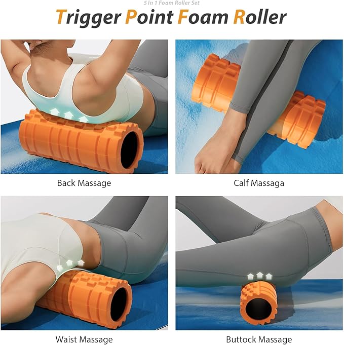5 in 1 Foam Roller Set for Deep Tissue Muscle Massage, Trigger Point Fitness Exercise Foam Roller, Massage Roller, Massage Ball, Stretching Strap, for Whole Body (Orange-New)-Ruum Studio Home