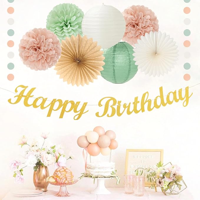 Sage-Green Blush-Pink Birthday Garland Party-Decorations - 14pcs Happy Banner 21st Spring Paper Flowers Lanterns Beige Tissue Pom Poms,Boho Streamers Fans,Neutral Rustic Hanging Supplies Decor Hugfond-Ruum Studio Home