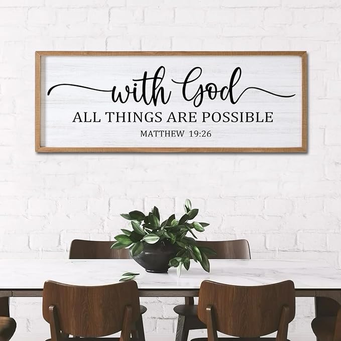With God All Things are Possible Framed Wall Art, 40''×15'' Natural Religious Rustic Bible Verse for Christian God Jesus Christ Prayer, Holy Positive Horizontal Inspirational Catholic Scripture Decor-Ruum Studio Home