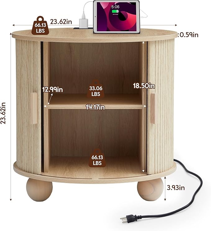 Farmhouse Round End Table with Charging Station, 24" Large Fluted Sofa Side Table with Sliding Tambour Door & Storage, Mid-Century Wood Nightstand for Living Room, Bedroom (Natural)-Ruum Studio Home