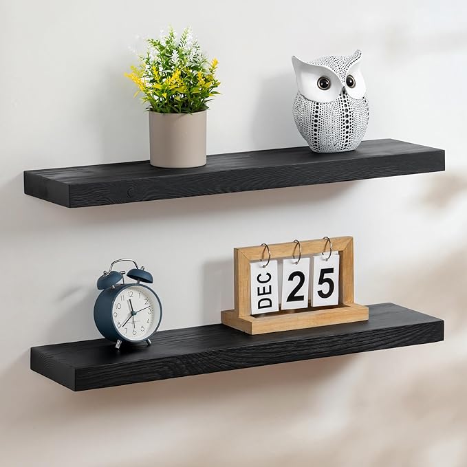 Fun Memories Handcrafted European Pine Floating Shelves - Natural Rustic Wooden Wall Shelf Set of 2-24 Inch Storage Shelf Display Shelf for Kitchen Bathroom Living Room Bedroom Farmhouse - Black-Ruum Studio Home