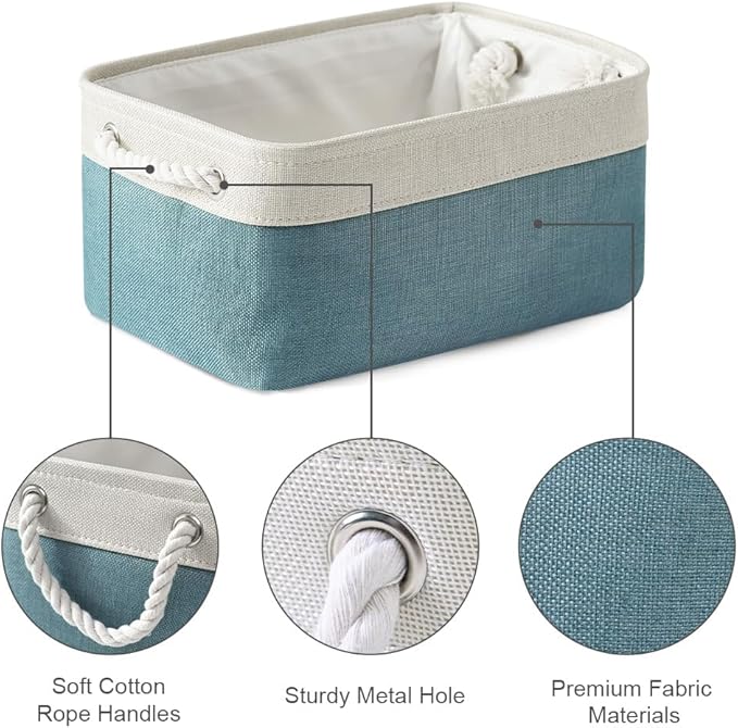 TheWarmHome Fabric Storage Bins Baskets for Organizing,Sturdy Storage Basket W/Handles, Decorative Foldable Storage Baskets for Shelves Closet Nursery Toy (White&Teal, Medium - 3 Pack)-Ruum Studio Home