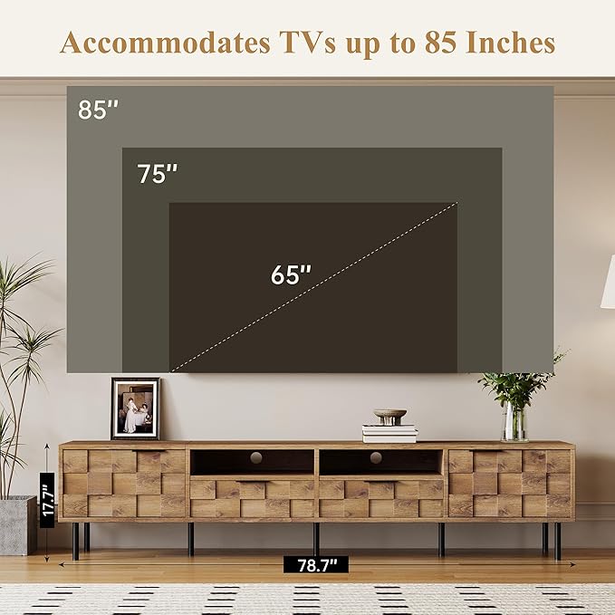 Modern TV Stand for TVs up to 85", Mid-Century Media Console with Checkered Cabinet Doors, Storage Drawers & Open Shelves, Wood Entertainment Center with Metal Legs-Ruum Studio Home