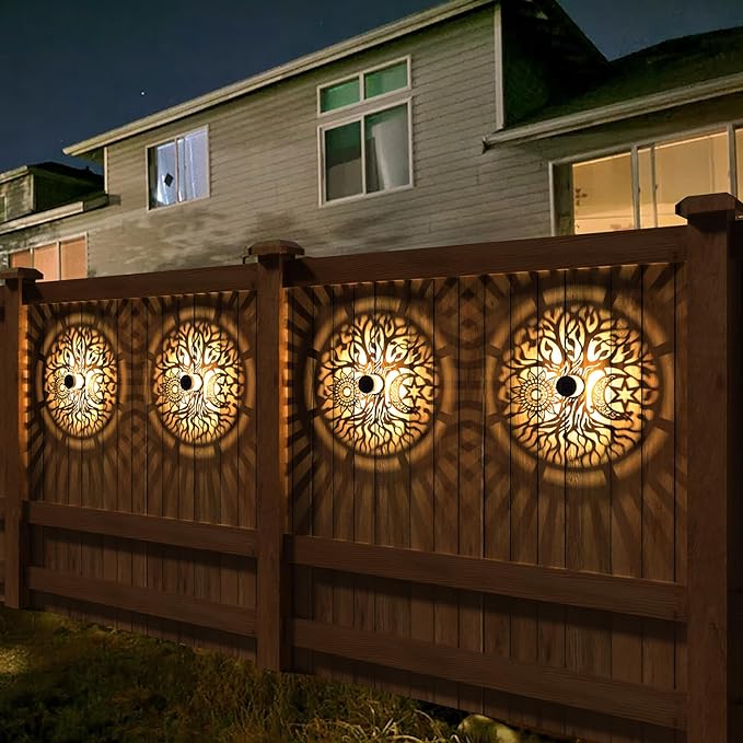 2 Pack Solar Fence Lights Metal Solar Powered Outdoor Wall Deck Step Lights Tree Theme Waterproof Fence Light for Garden Post Patio Backyard Yard Decor (Tree, 2 Pack)-Ruum Studio Home