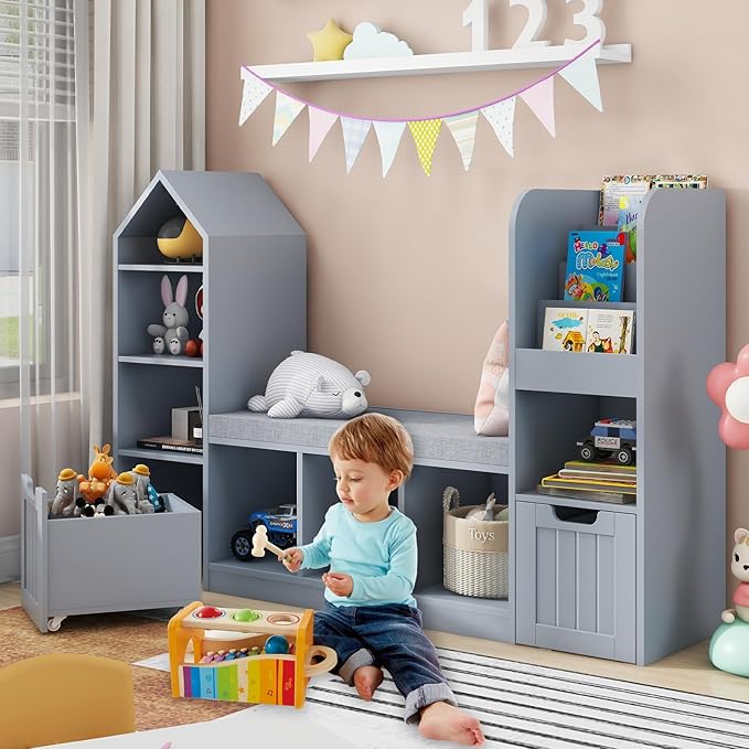 Vabches Toy Storage Organizer for Kids Bookshelf with Reading Nook, Multifunctional Bookcase with 7 Storage Cubbies, 2 Movable Drawers and Seat Cushion for Keeping Kids' Toys Books Organized, Grey-Ruum Studio Home