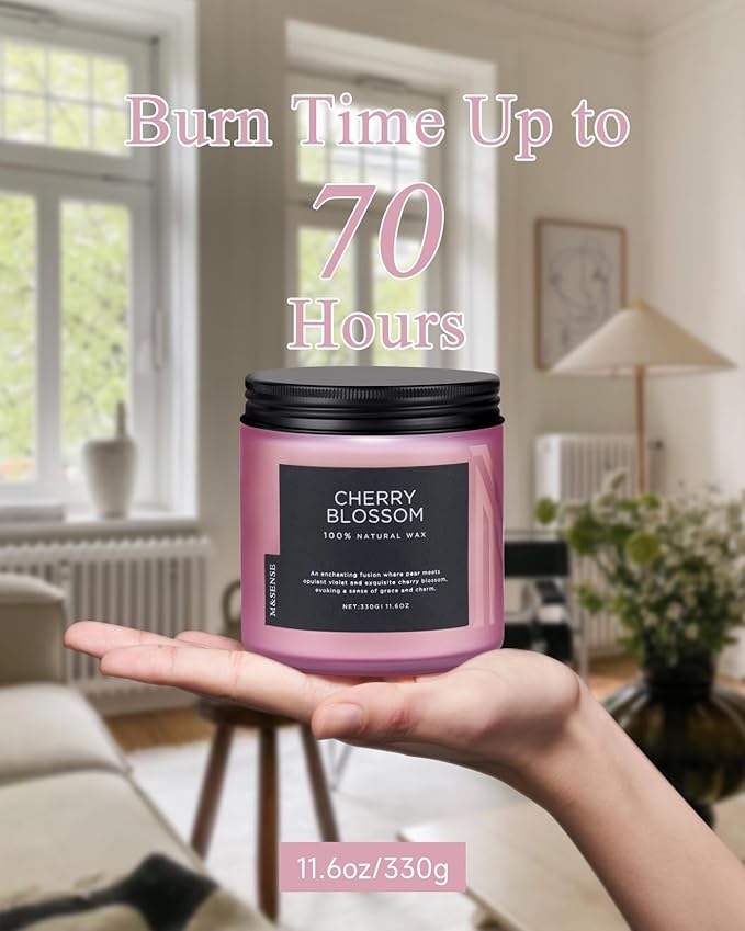 M&SENSE Cherry Blossom Scented Spring Candle, 70 Hours Long Lasting Soy Wax 11.6oz Stress Relief Aromatherapy Candles, Romantic Gifts for Women, Glass Jar for Bedroom Decor-Ruum Studio Home