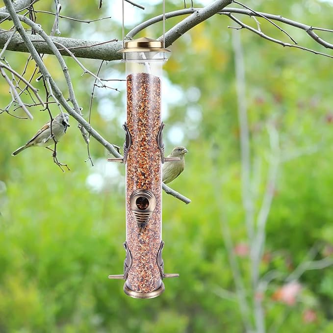 MIXXIDEA 2PK Metal Wild Bird Feeder Squirrel Proof Bird Feeders for Outside Hanging 6 Port Tube Bird Feeder Transparent Finch Feeder with Steel Hanger (Bronze)-Ruum Studio Home