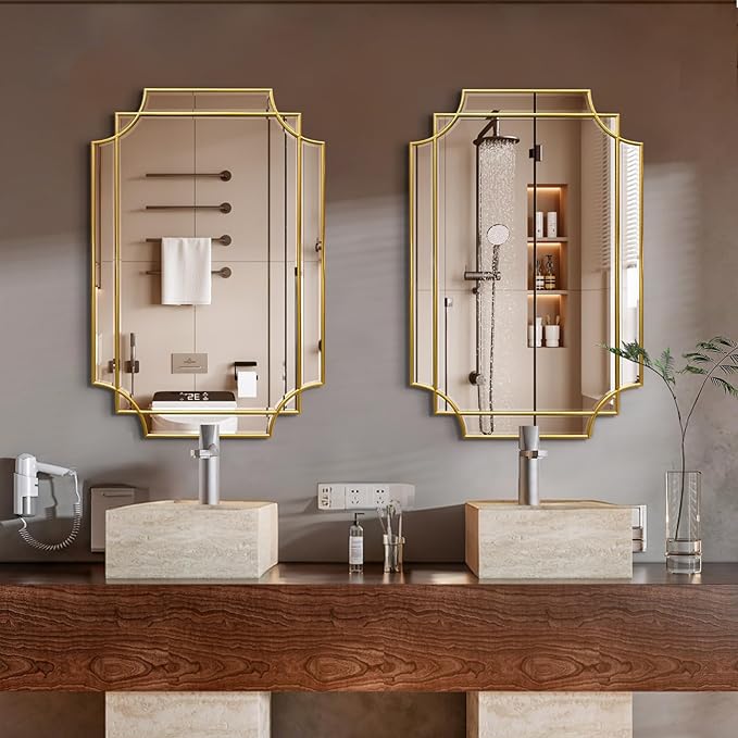 Gold Mirror for Wall, 36x24 Gold Wood Framed, Scalloped Beveled Polished Rectangle Mirror, Large Decorative Mirrors for Wall Decor, Irregular Mirror for Living Room, Bathroom Vanity, Entryway-Ruum Studio Home