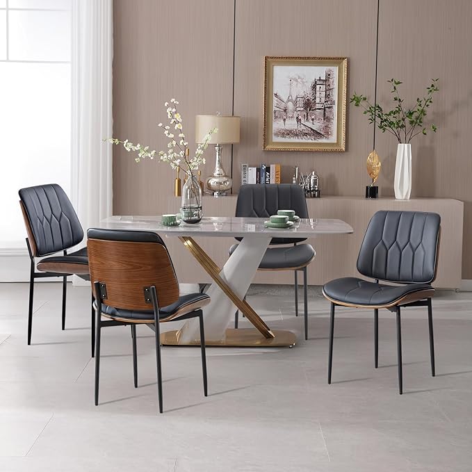 BV Mid Century Modern Dining Chairs Set of 2, Upholstered Pu Leather Accent Chair with Walnut Bentwood Back, Armless Kitchen Chair for Dining Room, Living Room, Kitchen, Black-Ruum Studio Home