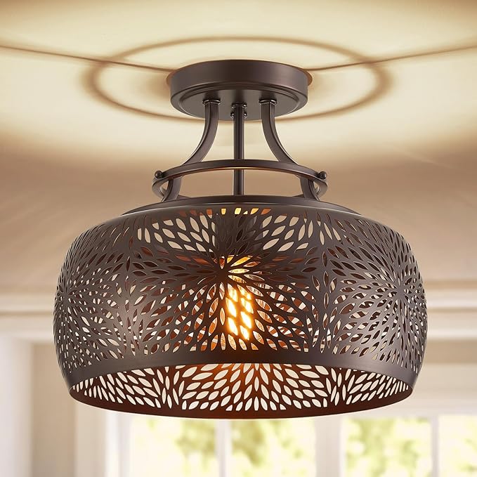 WUZUPS Chandelier Rustic Farmhouse Industrial Round Semi-flushmount Ceiling LED Light Fixture with Later-Cut Openwork Drum Shade, H 11.8" x W 13.4", Oil Rubbed Bronze-Ruum Studio Home