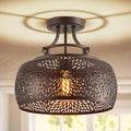 WUZUPS Chandelier Rustic Farmhouse Industrial Round Semi-flushmount Ceiling LED Light Fixture with Later-Cut Openwork Drum Shade, H 11.8" x W 13.4", Oil Rubbed Bronze-Ruum Studio Home