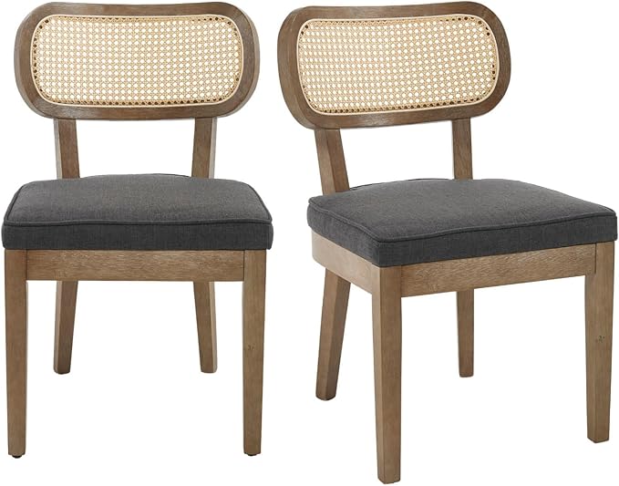 Rattan Dining Chairs Set of 2 Upholstered Linen Kitchen & Dining Room Chair with Curved Backrest Farmhouse Kitchen Chair Solid Wood Armless Side Chair for Dining Room/Restaurant, Black-Ruum Studio Home