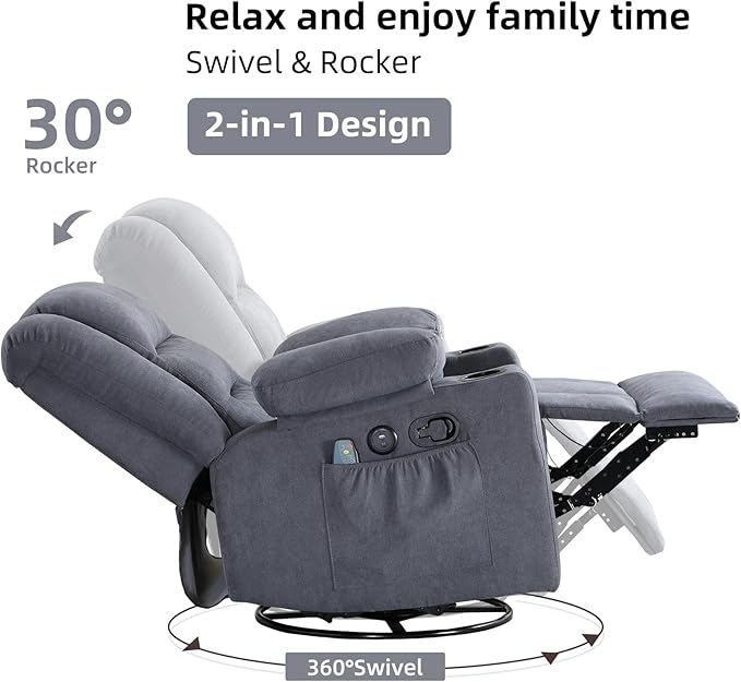 Rocker Recliner Chair with Heat and Massage, 360° Swivel Recliner Chairs for Adults, Heavy Duty Reclining Sofa Chair with USB Port Cup Holders Side Pockets for Living Room (Grey)-Ruum Studio Home