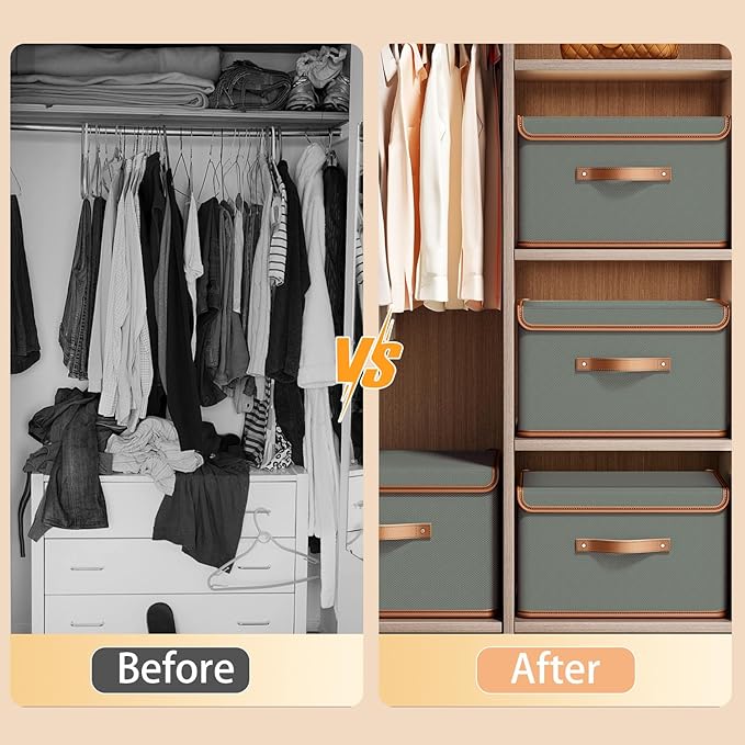 Tuza 2 Pack Storage Bins with Lids, Collapsible Closet Organizer Container, Fabric Organizer Box with Handles, Decorative Storage Boxes with Lids for Organizing Clothes, Blanket, Grey, Large-Ruum Studio Home