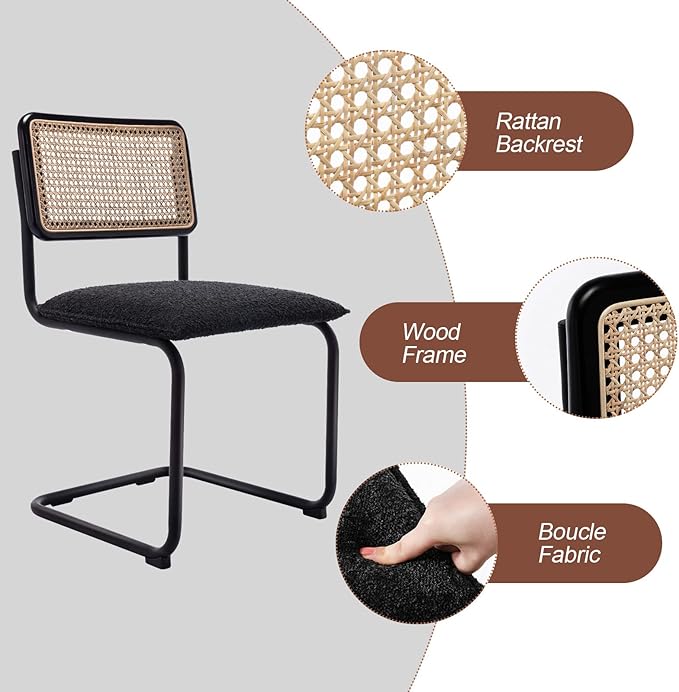 Mid Century Modern Rattan Dining Chairs Set of 4, Boucle Kitchen Chairs with Handwoven Mesh Rattan Backrest and Metal Legs, Upholstered Accent Side Chairs, Black-Ruum Studio Home