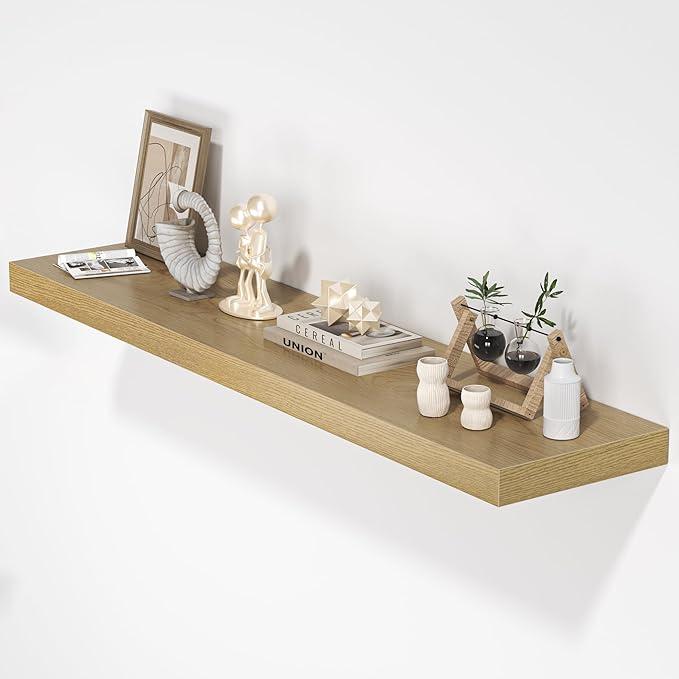 Floating Shelves for Wall, 48" W x 9.3" D x 1.5" H, Wooden Wall Mounted Display Shelves with Invisible Brackets for Living Room, Bedroom, Bathroom, Kitchen Decor and Storage, Set of 1, Oak-Ruum Studio Home