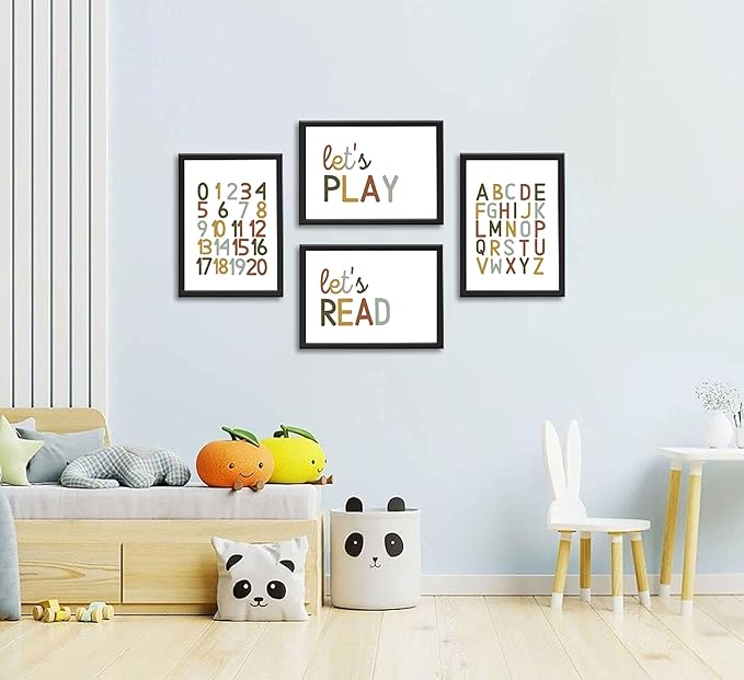 4 Pcs Boho Playroom Canvas Wall Art Nursery Toddler Educational Let's Read Let's Play Painting Pictures Wall Decor Posters Print Artwork for Girl Boy Childs Room Classroom Home Decoration Unframed-Ruum Studio Home