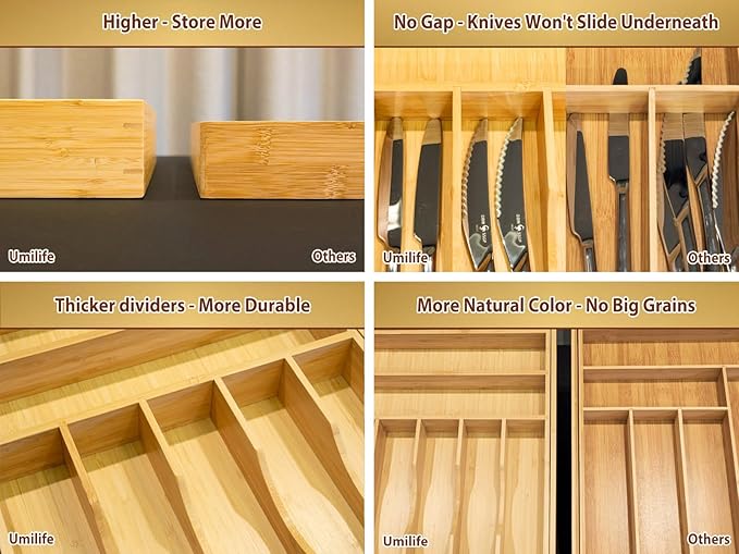 Umilife Large Expandable Kitchen Silverware Utensils Drawer Organizer, 2.5" Extra High Adjustable Drawer Divider with Curved Grooves, Bamboo Wood Cutlery Tray Flatware Holder-Ruum Studio Home