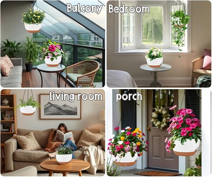2 Pack 12 Inch Large Hanging Planters with Chains Self Watering White Brown Plastic Hanging Pots for Indoor Outdoor Plants, Garden Porch Home Decor，White Brown-Ruum Studio Home